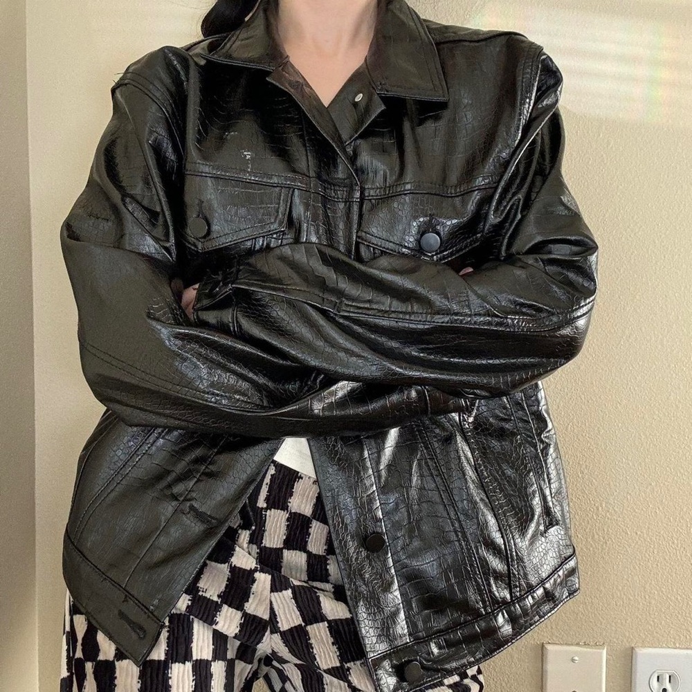 Cotton On NWOT Women's Black Faux Leather Jacket- size Large- Y2K style